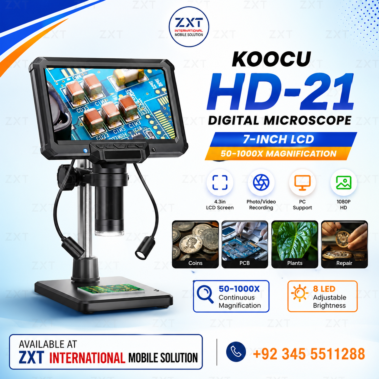 Koocu HD-21 7-Inch LCD Digital Microscope for PCB & Mobile Repair - Image 1