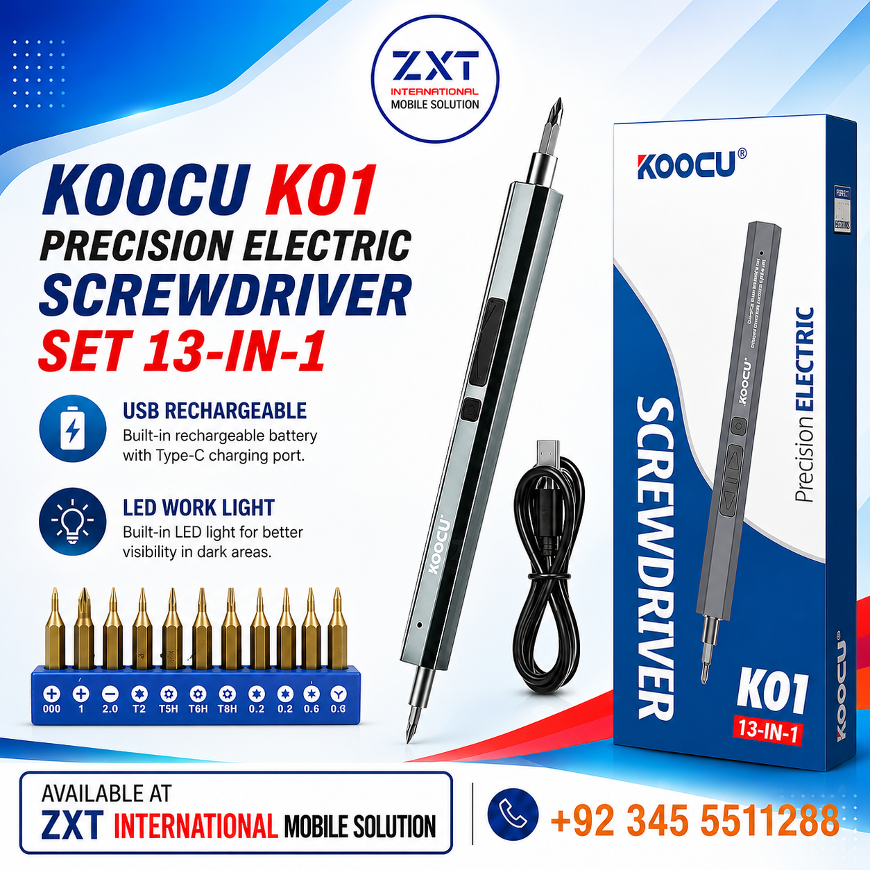 KOOCU K01 13-In-1 Precision Electric Screwdriver Set USB Cordless for Mobile Phone & iPad Repair - Image 1