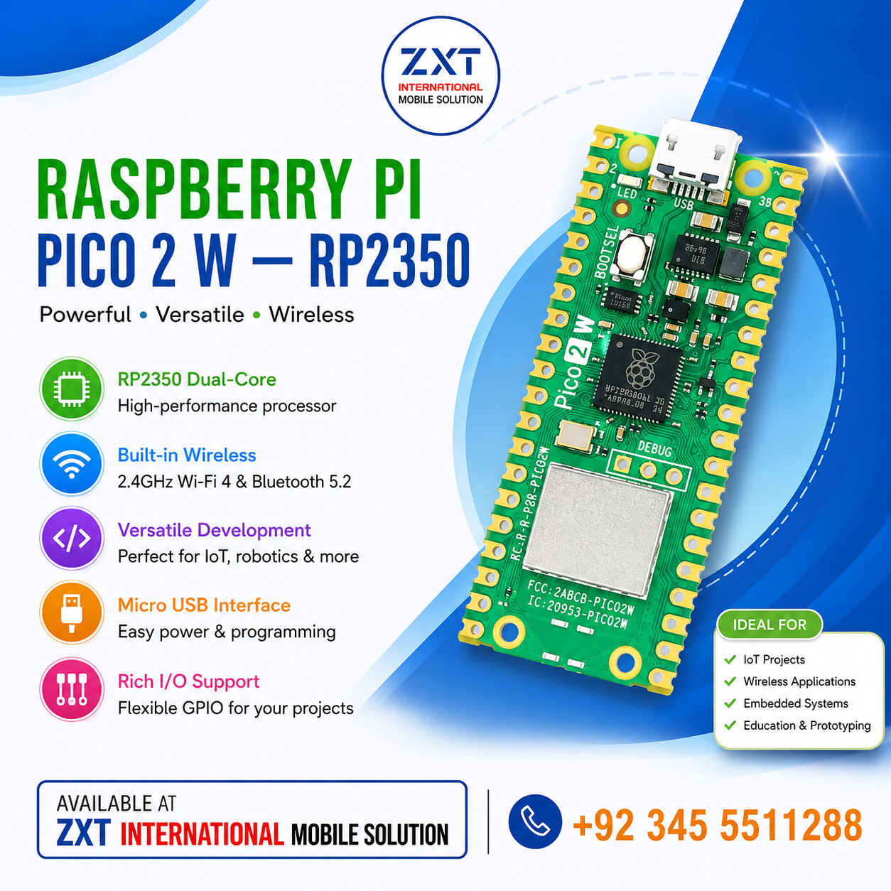Raspberry Pi Pico 2 W RP2350 Wireless Microcontroller Development Board - Image 1