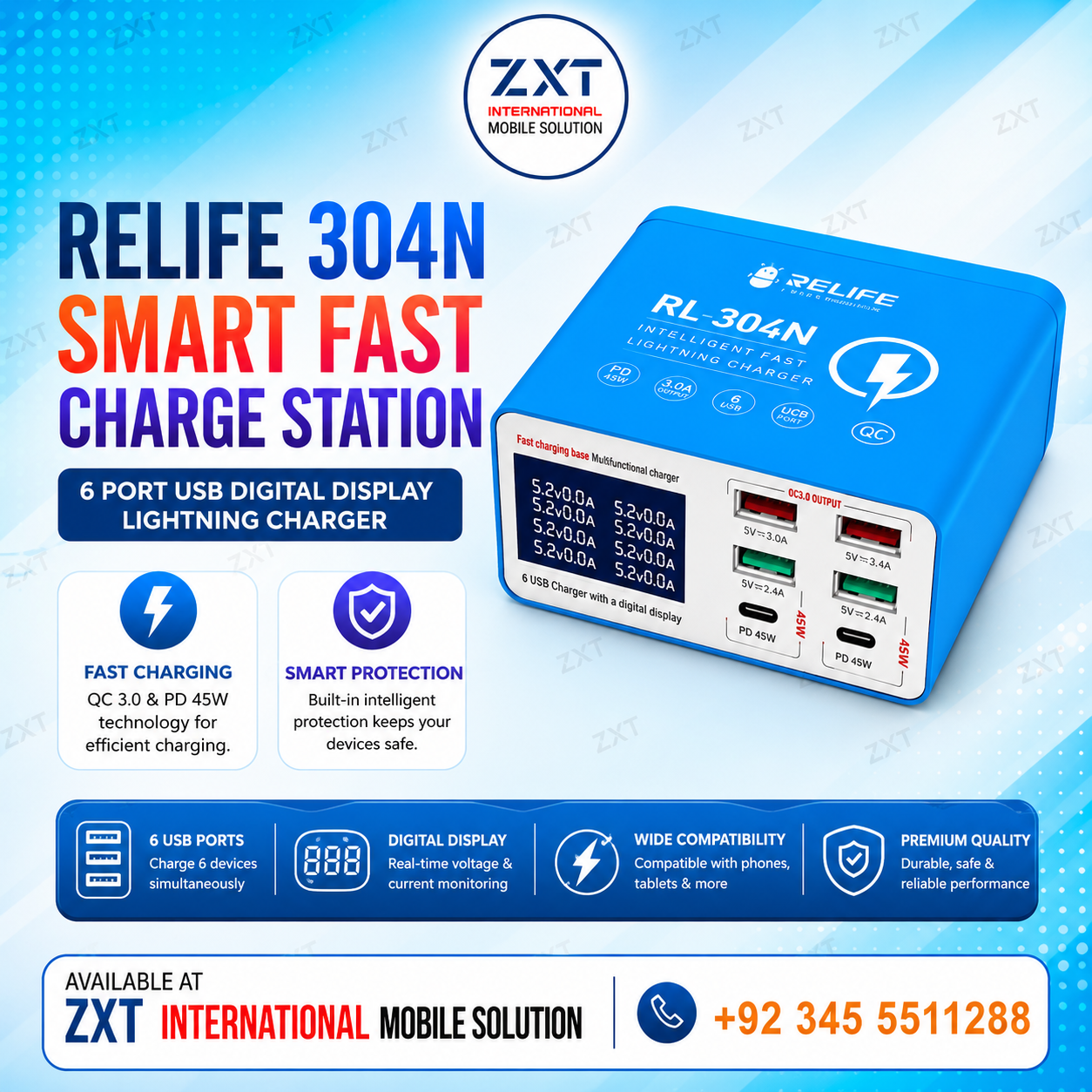 RELIFE 304N Smart Fast Charge Station 6 Port USB Digital Display Lightning Charger - Image 1