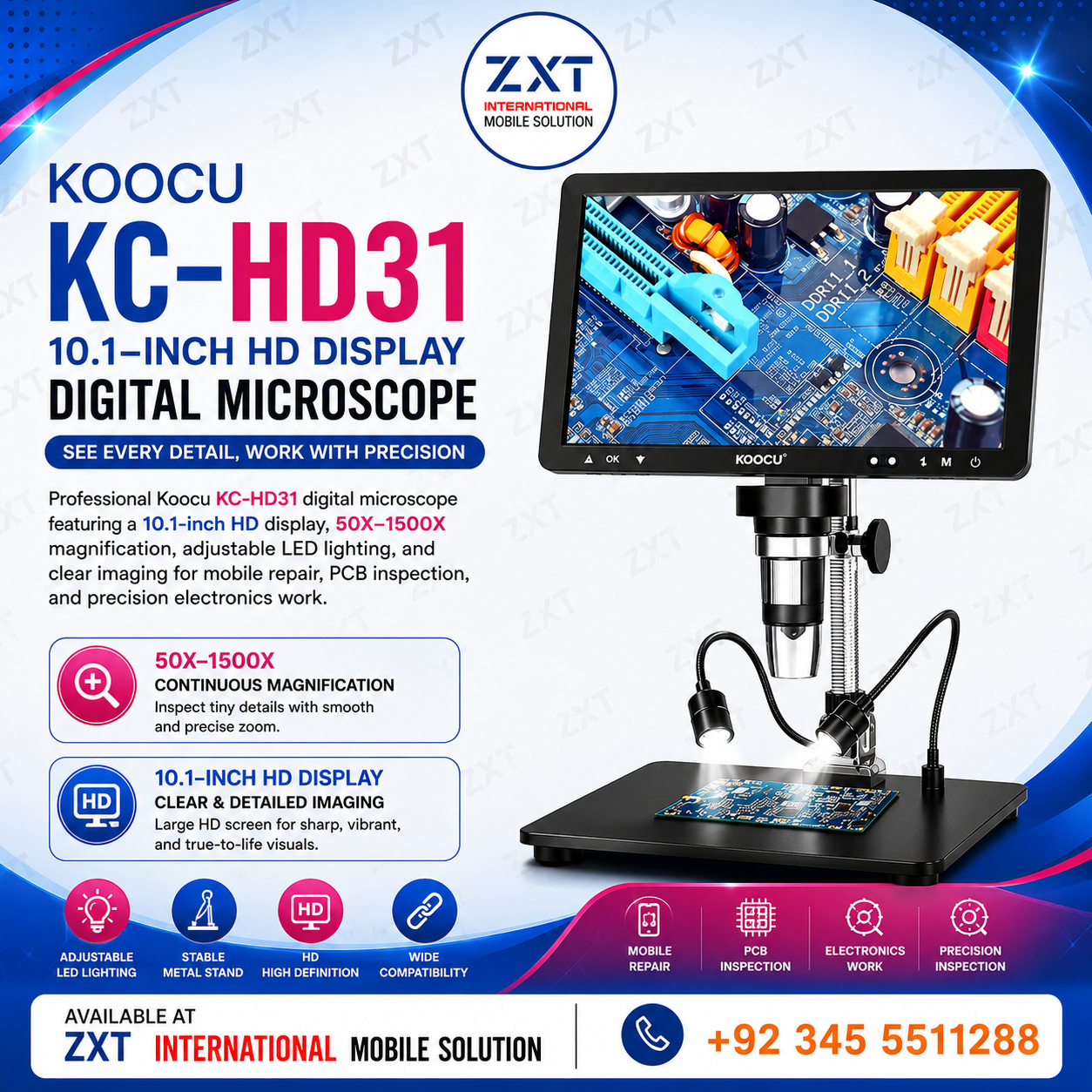 Koocu KC-HD31 10.1-Inch HD Display Microscope 50X-1500X Digital Microscope - Image 1