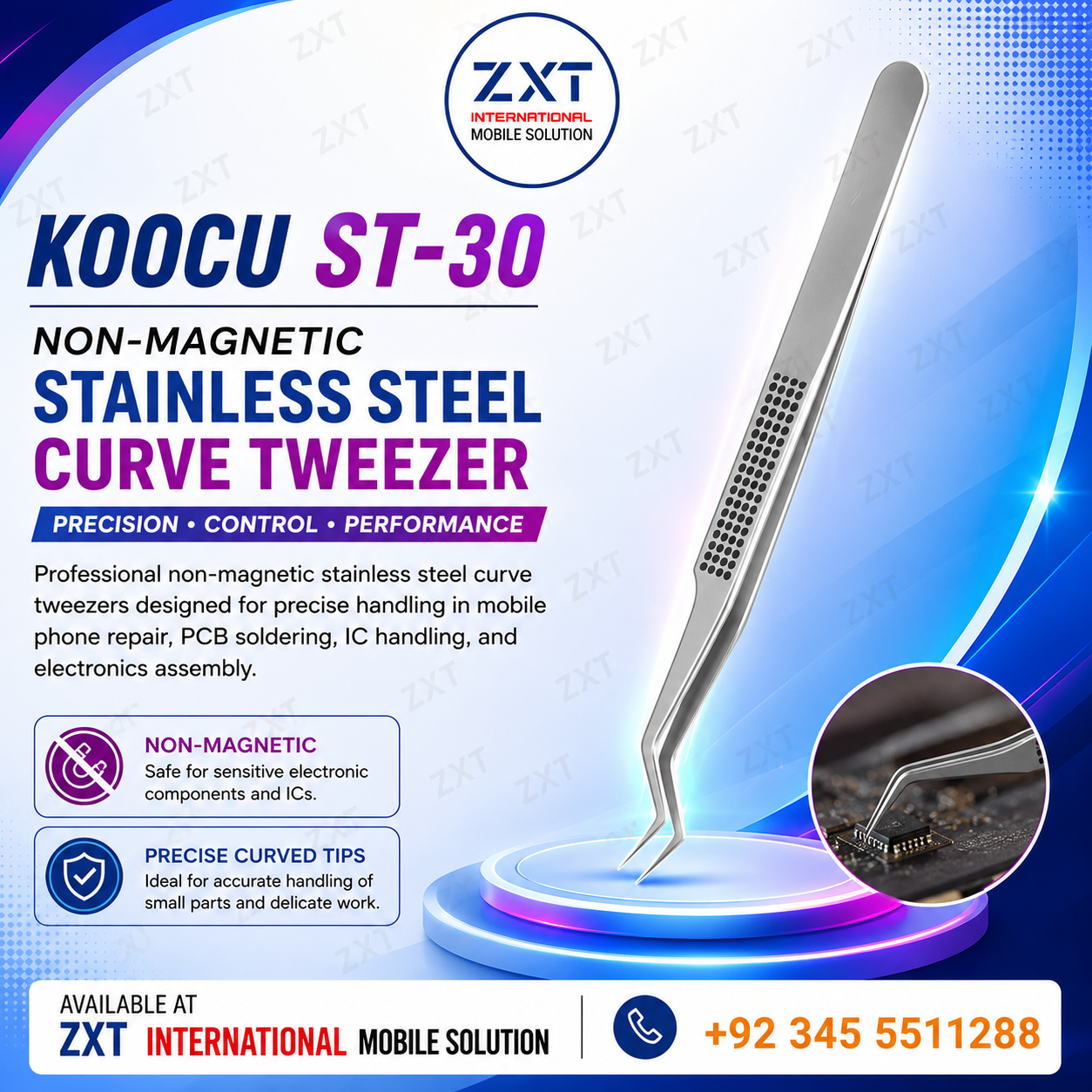KOOCU ST-30 Non-Magnetic Stainless Steel Curve Tweezer for Mobile Repair - Image 1