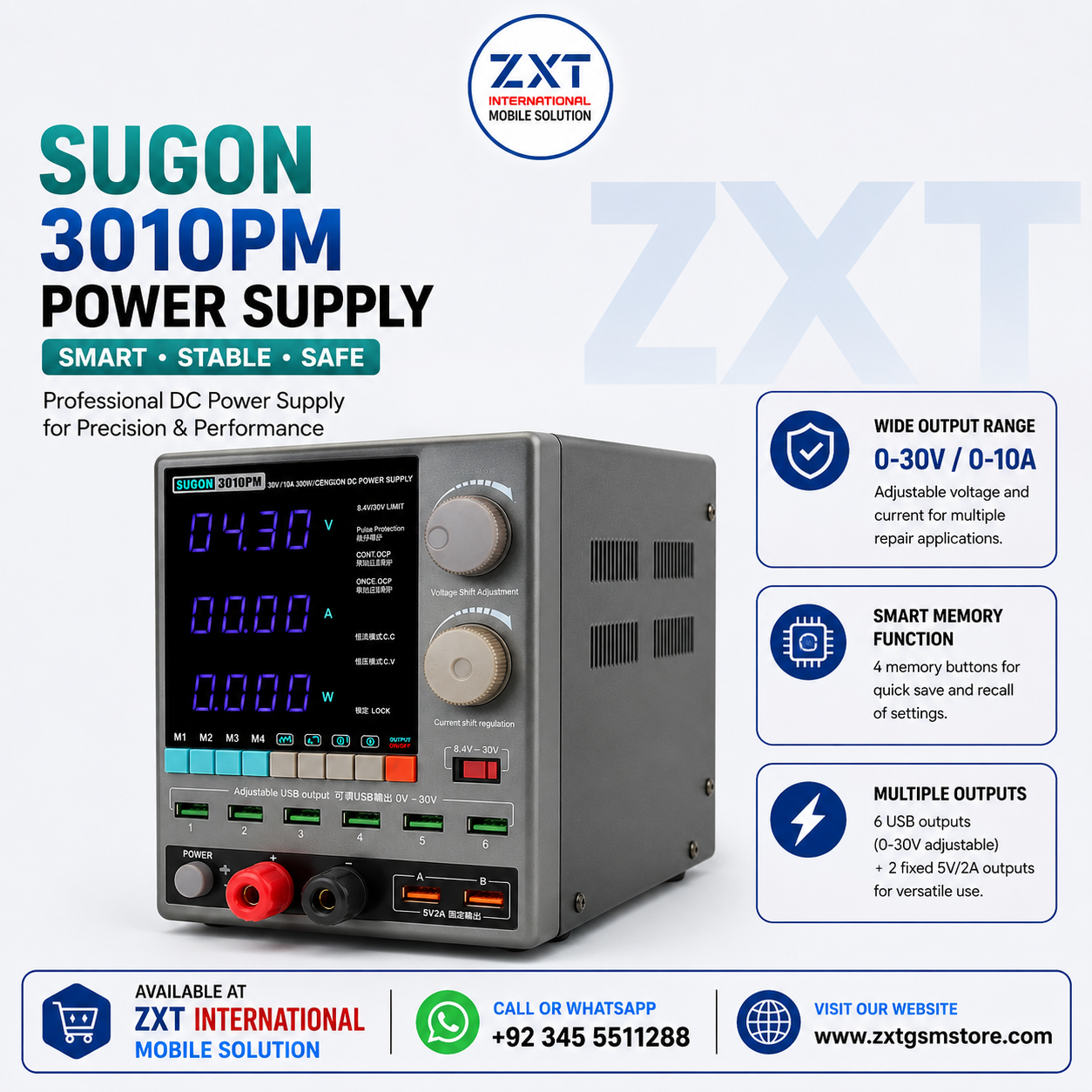 SUGON 3010PM Digital DC Power Supply 30V 10A 300W Adjustable Bench Power Supply with USB Outputs - Image 1