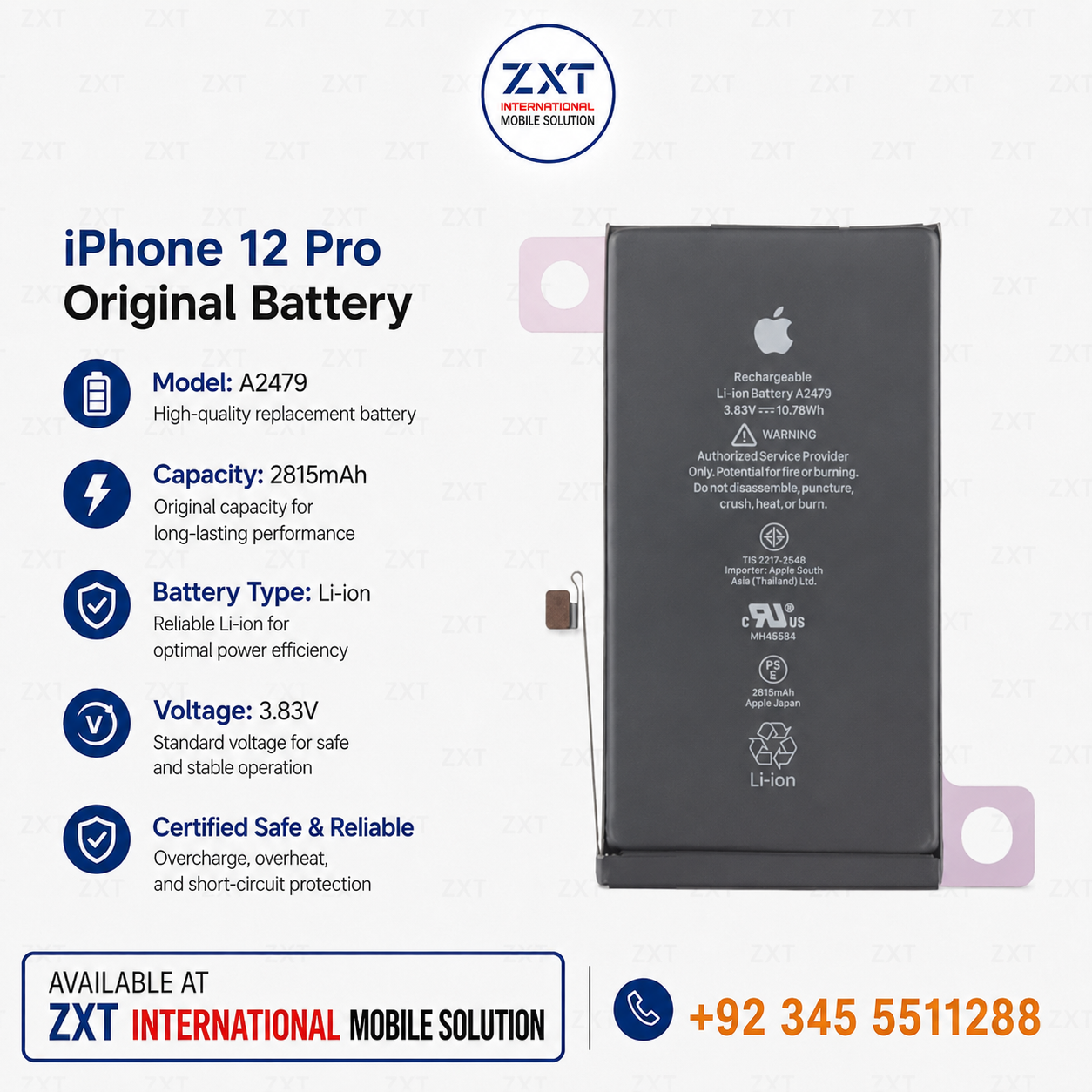 iPhone 12 Pro Original Battery Replacement A2479 2815mAh Genuine Quality Li-ion - Image 1