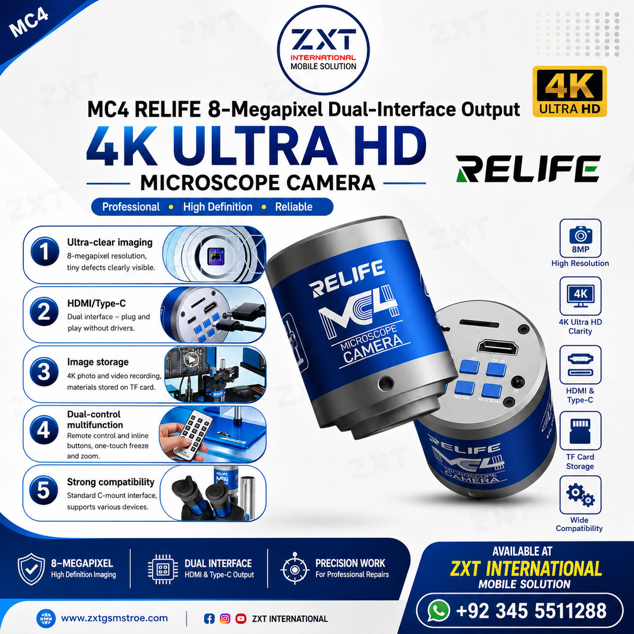 RELIFE MC4 8MP 4K Ultra HD Microscope Camera | HDMI & USB Dual Output for PCB Mobile Repair - Image 1