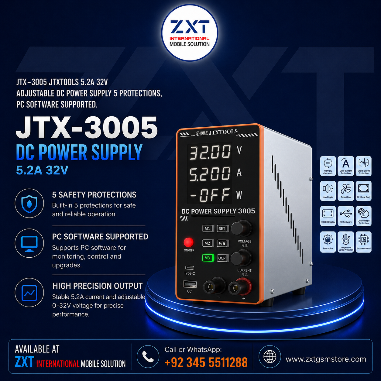 JTX-3005 JTXTOOLS 5.2A 32V Adjustable DC Power Supply with PC Software & 5 Protection Modes - Image 1