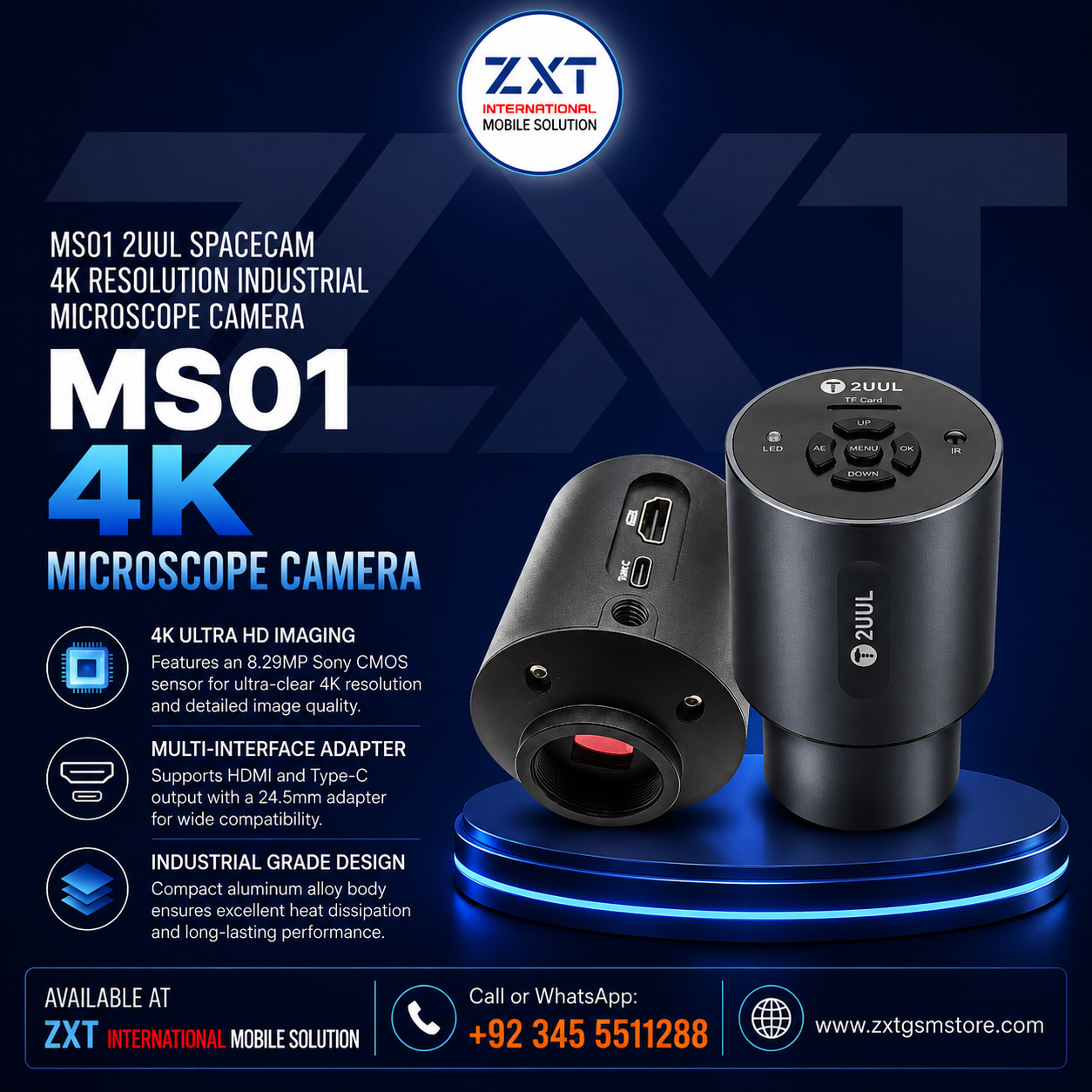 MS01 2UUL SpaceCam 4K Industrial Microscope Camera | Sony CMOS Sensor - Image 1