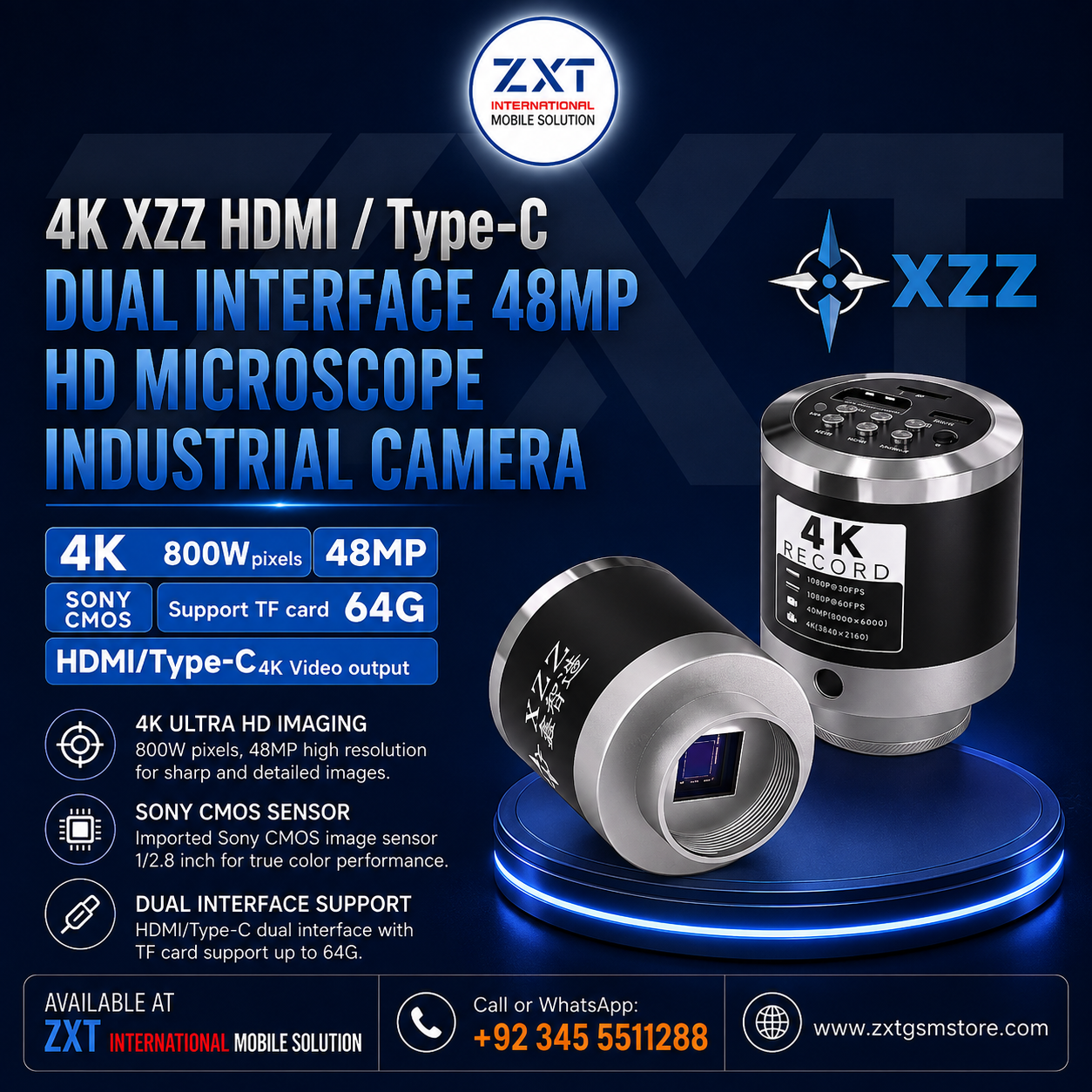 4K XZZ HDMI / Type-C Dual Interface 48MP HD Microscope Industrial Camera for PCB Repair - Image 1