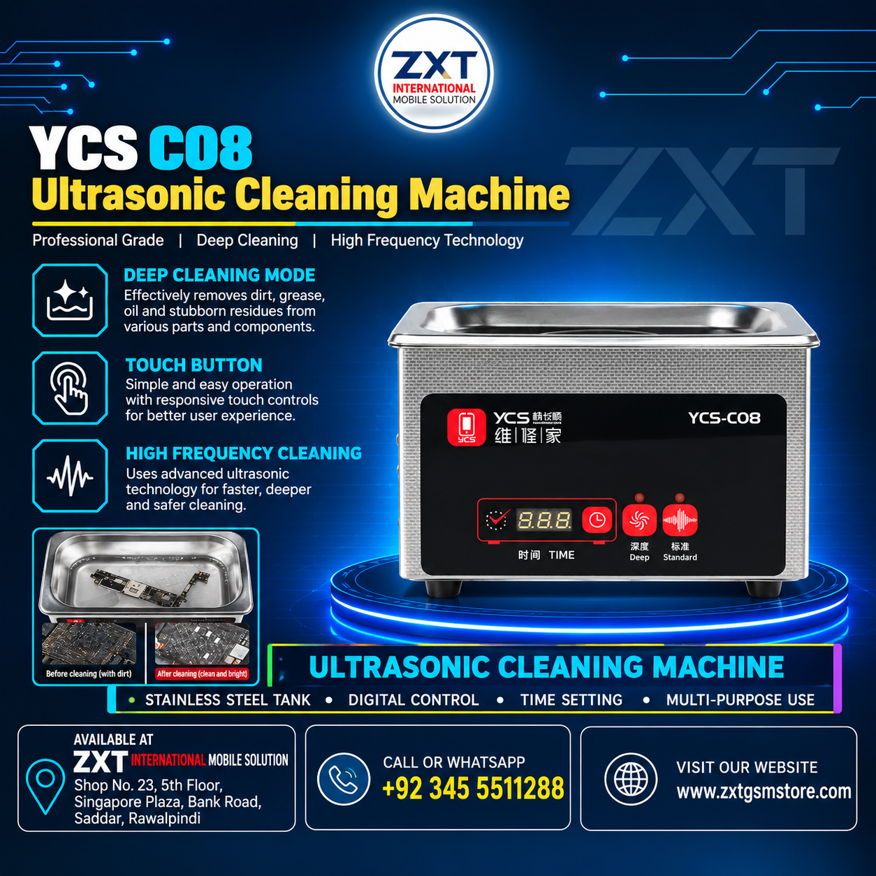 C08 YCS 35W 0.8L Touchable Motherboard & Camera Ultrasonic Cleaner - Image 1