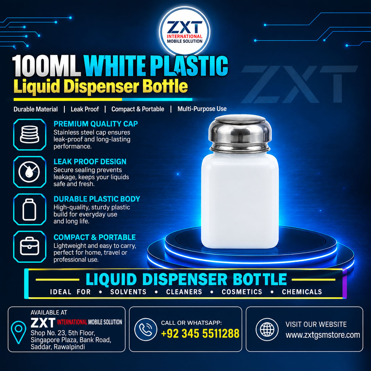 100ML White Plastic Liquid Dispenser Bottle | Refillable Solvent Bottle - Image 1