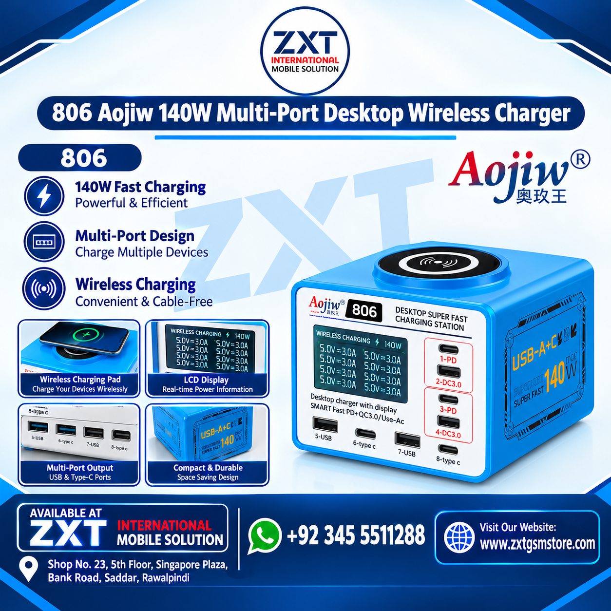 806 Aojiw 140W Multi-Port Desktop Wireless Charger - Image 1
