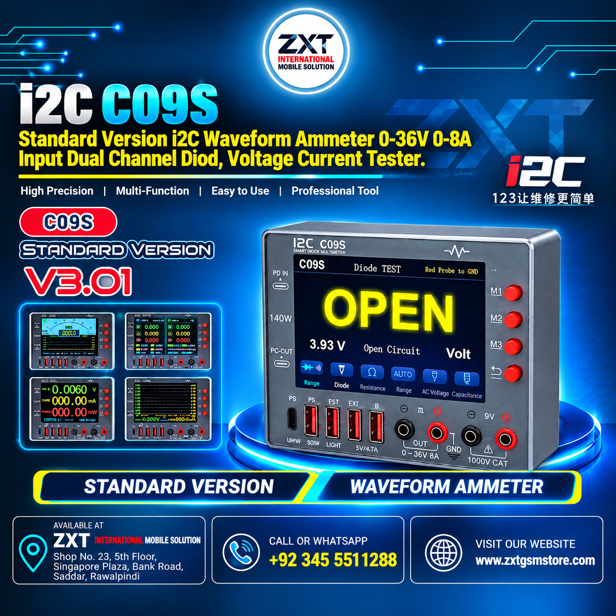 C09S Standard Version i2C Waveform Ammeter 0-36V 0-8A Dual Channel Voltage Current Tester - Image 1