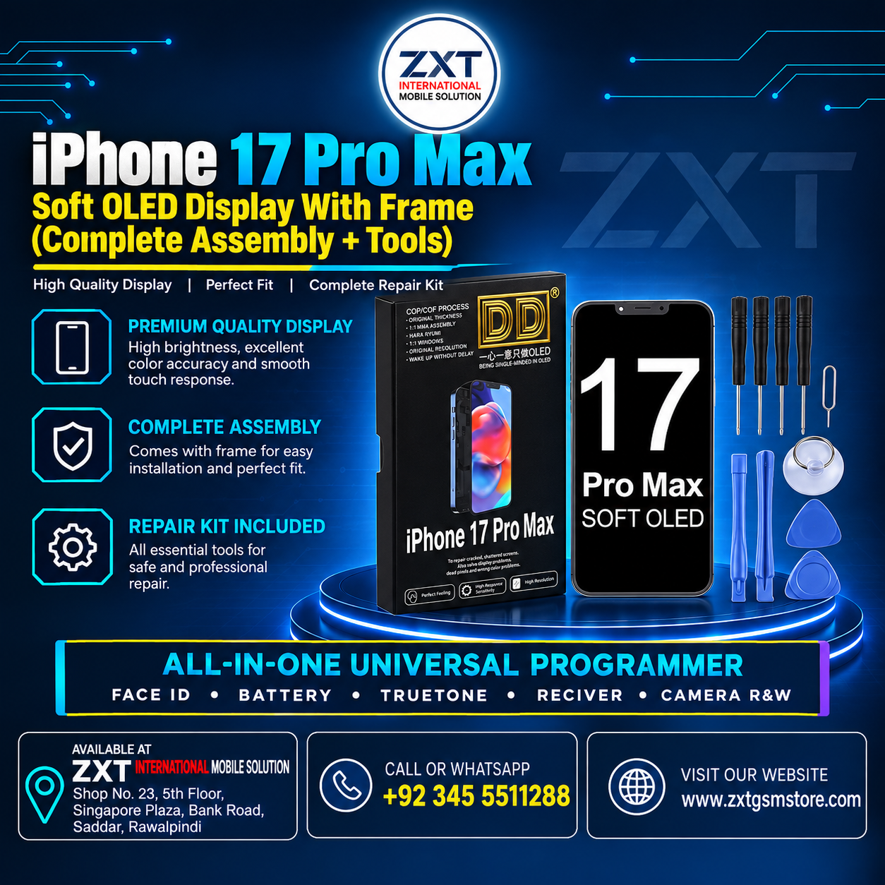 iPhone 17 Pro Max Soft OLED Display With Frame | Complete Assembly & Repair Kit - Image 1