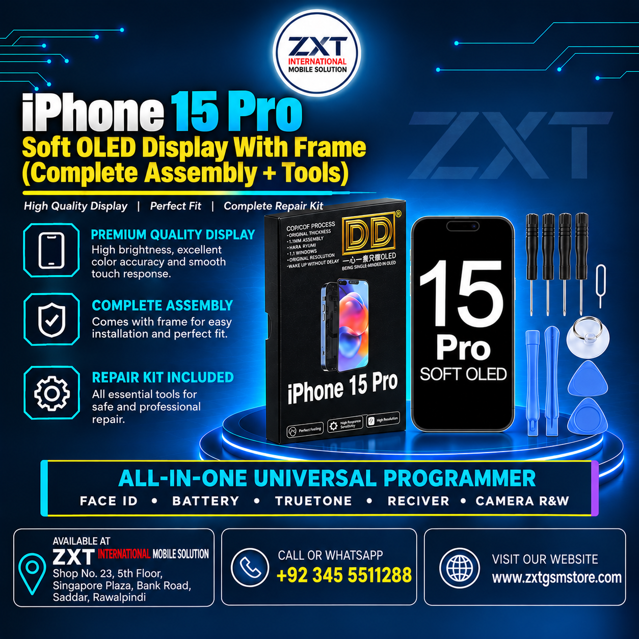 iPhone 15 Pro Soft OLED Display With Frame – Premium Replacement Screen - Image 1