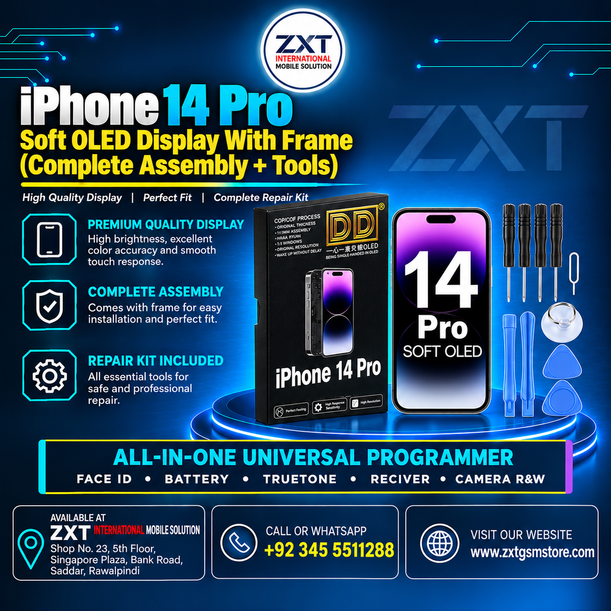 iPhone 14 Pro Soft OLED Display With Frame – Premium Replacement Screen - Image 1