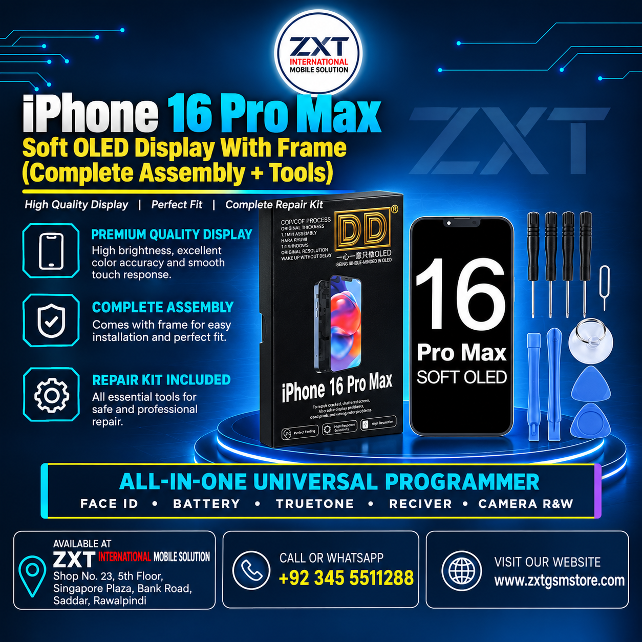 iPhone 16 Pro Max Soft OLED Display With Frame – Premium Replacement Screen - Image 1