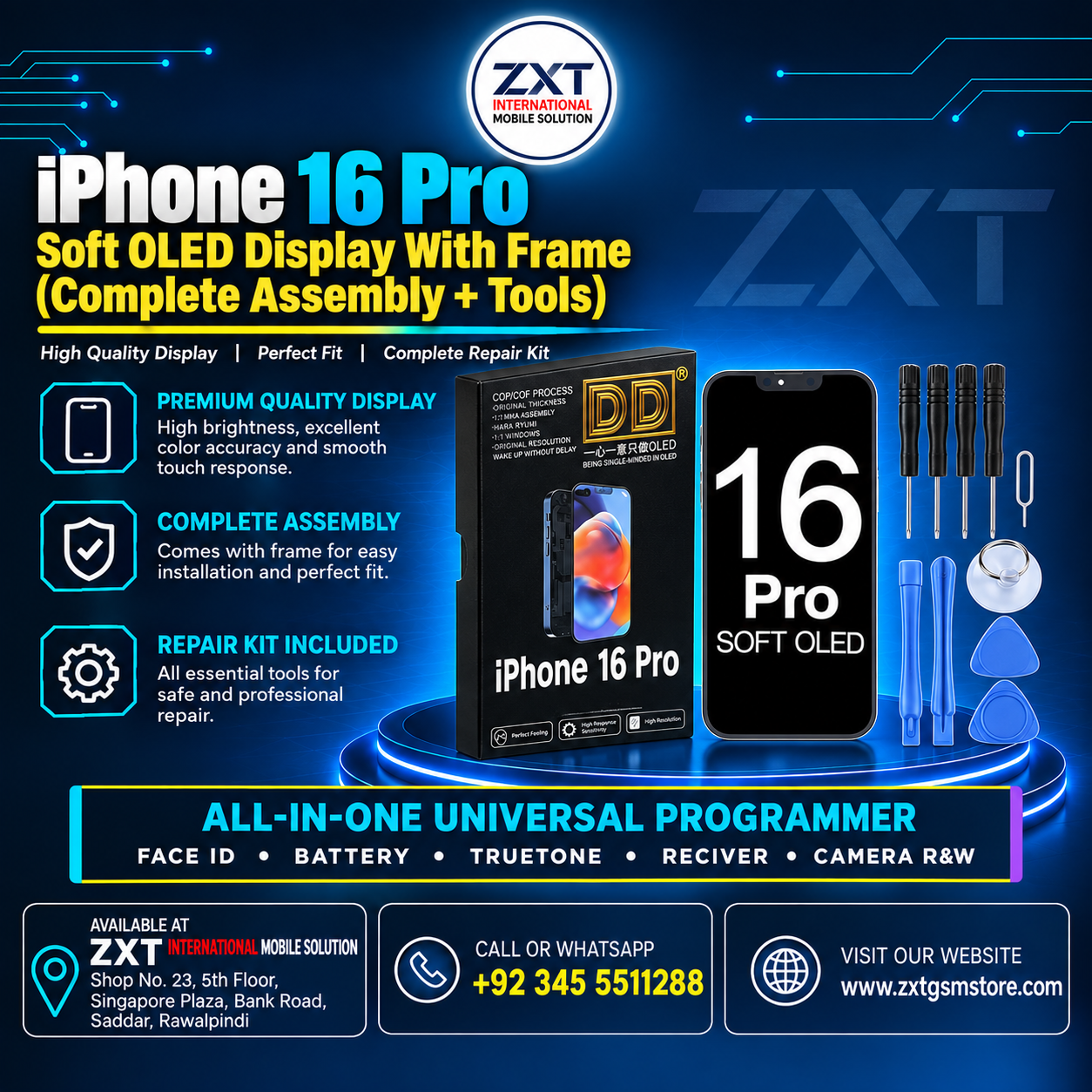 iPhone 16 Pro Soft OLED Display With Frame – Premium Replacement Screen - Image 1